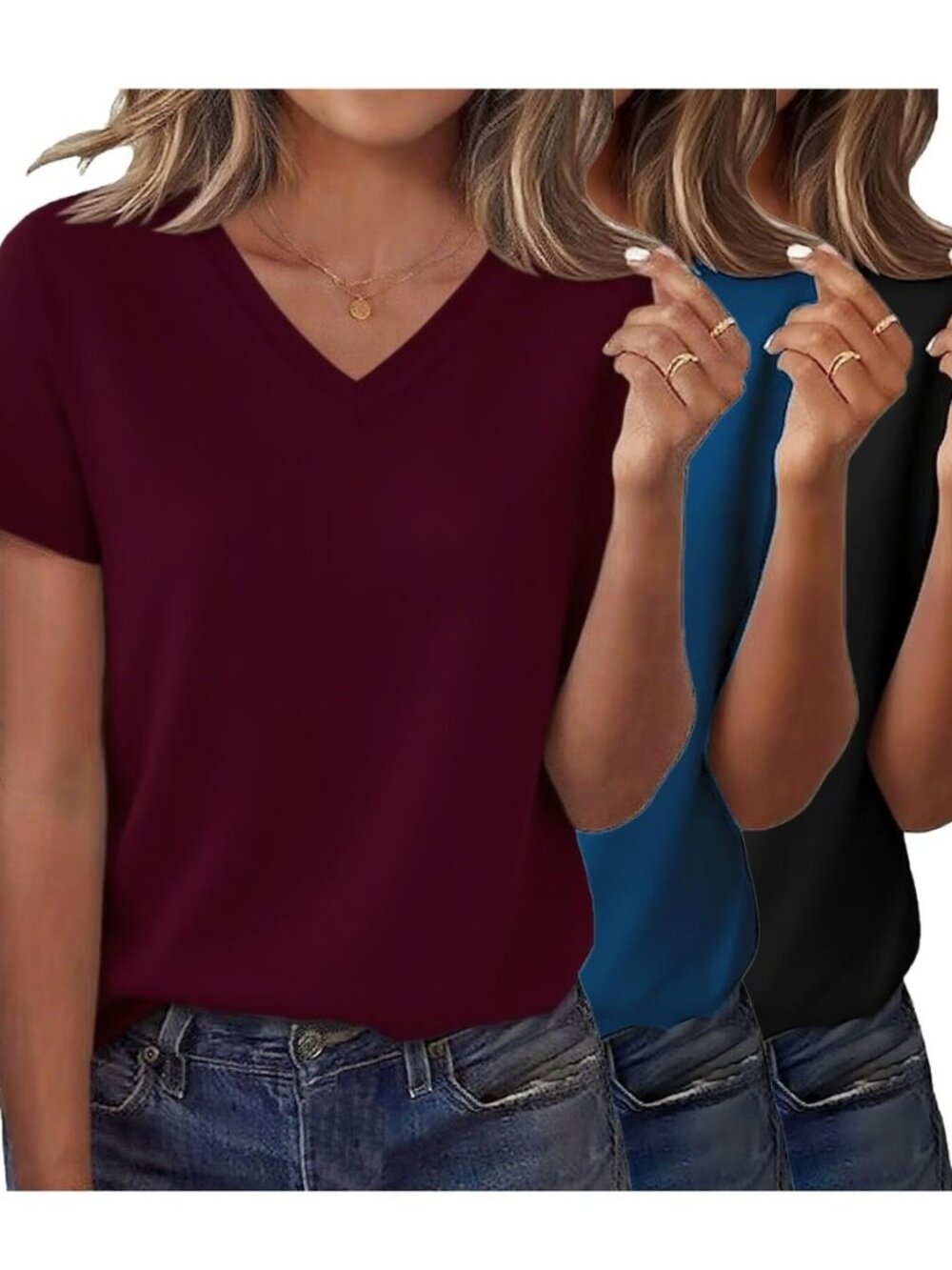 3 Pack Womens V Neck Basic T Shirts Summer Tops 2026 Short Sleeve Tees Comfy